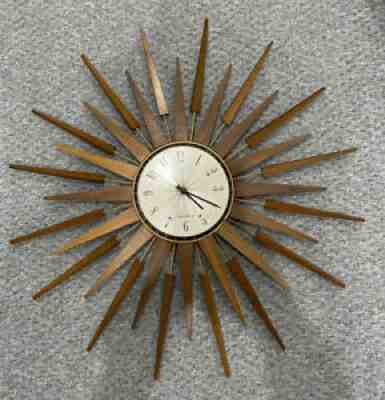Large Vintage Seth Thomas Scotland Sunburst Starburst Teak Spine Wall Clock