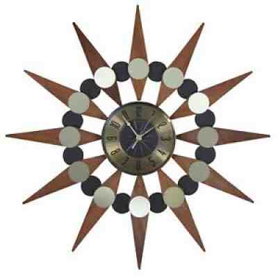 Elgin Mid Century Modern Atomic Sunburst Starburst Retro Wood Wall Clock 25â?