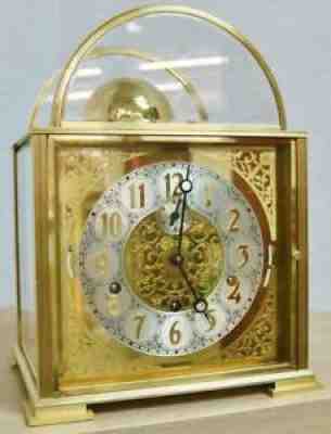 Vintage Kieninger Dome Top Brass &Glass Musical Triple Chime 9 Bell Mantel Clock