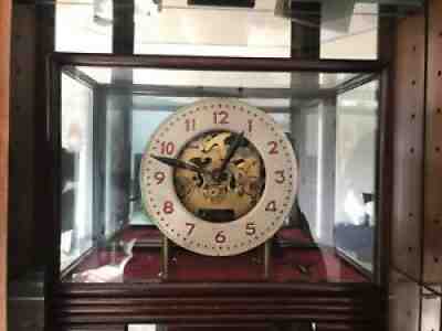 Antique 15 Day Skeleton Clock In Glass/Wood Showcase. Keeps Perfect Time!
