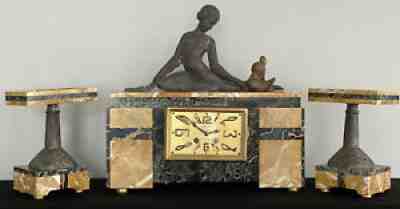 Art Deco French Figural Garniture Mantle Clock Antique Sculpture Marble Egyptian