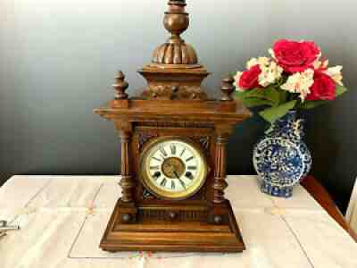 GRACIOUS ANTIQUE VICTORIAN HAC 14 DAYS STRIKING MANTLE CLOCK, OVERHAULED