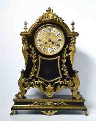 Antique France 19C Rococo Clock on Pedestal Black Wood n Gilded Bronze