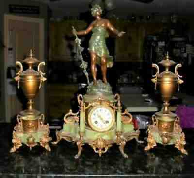 3 PC. 19TH CENTURY AUGUSTE MOREAU MARBLE MANTEL CLOCK BRONZE STATUE VASE URN