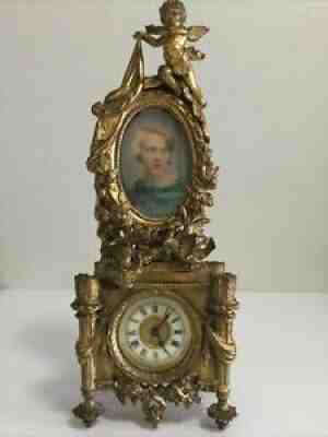 Stunning ANCONIA Cherub Bird Louis XV Style Brass Shelf Mantle Clock Porcelain