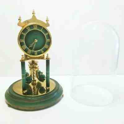 VINTAGE KUNDO ANNIVERSARY BRASS GLASS DOME CLOCK WITH RARE GREEN PENDULUM & DIAL