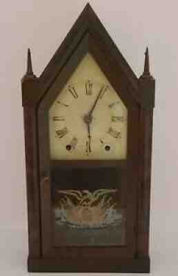 Antique 1846 BRISTOL & INGRAHAMS Eagle Glass Gothic Steeple Mantel Shelf Clock