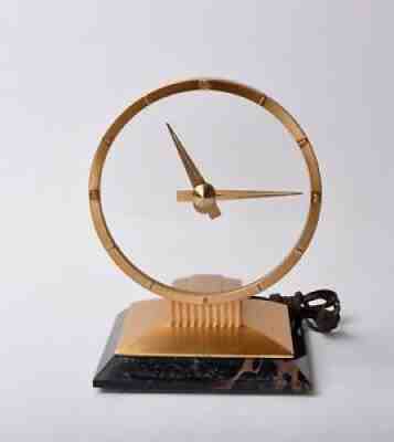 JEFFERSON GOLDEN HOUR MYSTERY CLOCK ON MARBLE BASE 10" HIGH, WORKING, MCM 1950s
