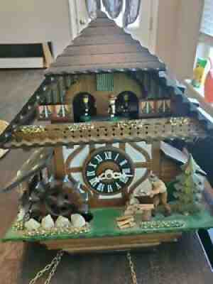 GERMAN Animated Woodsman 8 Day Musical Cukoo Clock With Waterwheel And Dancers