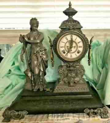 Rare Antique Ansonia mantel clock 1881 Harp and Figure 14 inches tall est $3000