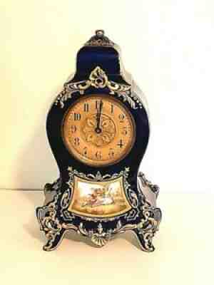 Antique Longwy French Faience Cobalt Blue Mantle Clock Porcelain Enamel - Works!