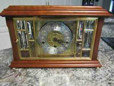 VINTAGE ANSONIA GOLD MEDALLION 2 JEWEL 317 MANTLE CHIME CLOCK CHERRY WOOD CASE