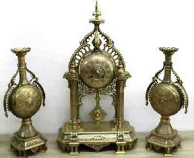 Magnificent Rare French 8 Day Bronze Silvered & Gilded Portico Mantle Clock Set