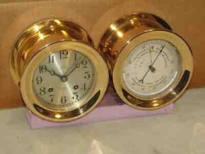 CHELSEA ANTIQUE SHIPS BELL CLOCK & BAROMETER SET~4 1/2 IN DIALS 1922 RESTORED
