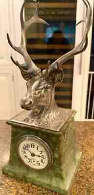 RARE GORHAM SPECIAL ORDER STERLING & MARBLE FIGURAL ELK HEAD MANTLE CLOCK C 1900