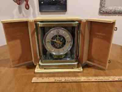 1953 JAEGER LECOULTRE ATMOS CHROME, GOLD CLOCK IN HINGED CASE, PAPERS, WORKS