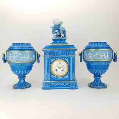 Napoleon III Ceramic L. CHARVET MANTEL CLOCK PENDULE CLOCK Vases Empire Angel Ch...