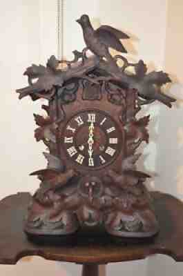 ANTIQUE GERMAN BLACK FOREST THREE BIRD SHELF/MANTEL CUCKOO CLOCK LATE1800'S