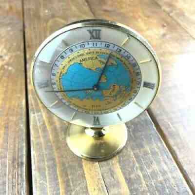 RARE - Vintage Imhof Swiss 8-Day 15 Jewel World Desk Clock - Globe - 1960s - MCM