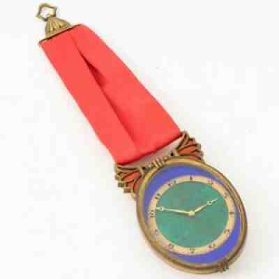Antique E. Gubelin Art Deco Design Wall Clock Green & Blue Enamel Face & Ribbon