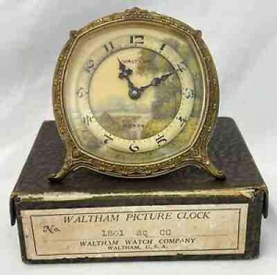 Waltham Picture Clock No. 1801 SQ CC Hand Painted Dial w/ Original Box 8 Day
