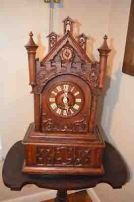 ANTIQUE GERMAN BLACK FOREST CATHEDRAL STYLE MANTEL CUCKOO CLOCK LATE 1800'S