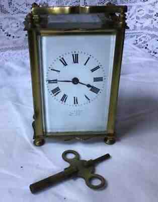 1880-90 French Carriage Clock Heavy Brass. Working Cond. Watch Holder & Loop.