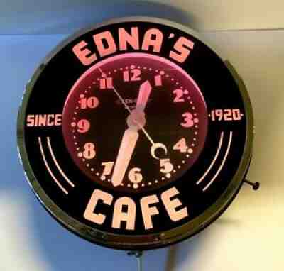 Neon Clock; Ednaâ??s Cafe; Since 1920; Wall Mount; Electrical