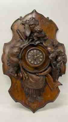 Antique Black Forest Carved Wooden Hunting Themed Wall Clock Timepiece German