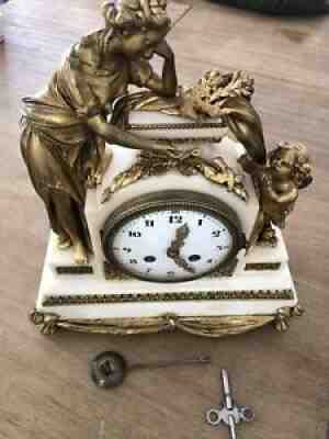 Tiffany & Co. Antique Marble & Bronze Mantle Clock Angel & Seated Bronze Woman