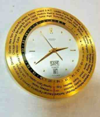 Hermes Vintage 1960's Solid Brass Gold World Desk Clock working Serviced RARE