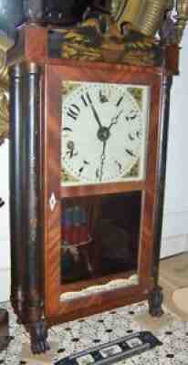 ANTIQUE SILAS HOADLEY PILLAR & SCROLL SHELF CLOCK eagle top working cond