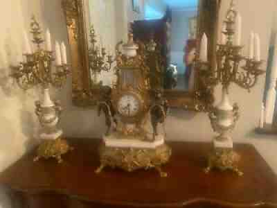 Putti Bronze/Marble Early 20c Italian Lancini Mantel Clock Set - Louis XVI