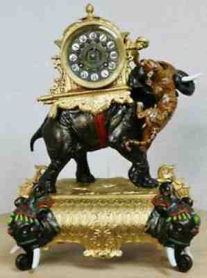 Antique 19thC French 8 Day Gilt Metal Elephant & Tiger Figural Mantle Clock