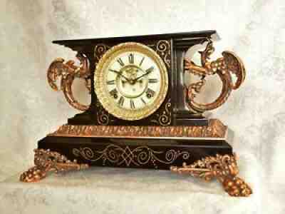 ANTIQUE GOTHIC ANSONIA 'BELGIUM' MANTEL CLOCK. NICE VERSION. RESTORED, SERVICED