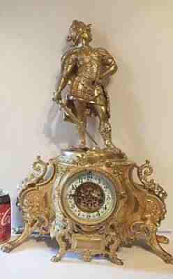 Antique Gilt Waterbury "CAVALIER" Open Escapement Figural Statue Clock, c1889