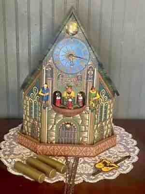 Rare Vtg Musical Automaton Chalet Cuckoo Clock Nuremberg Church W/Trumpeters