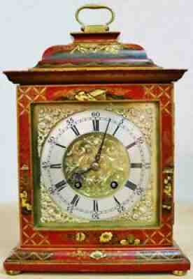 Antique English 8 Day Striking Red Lacquered Chinoiserie Mantel / Bracket Clock