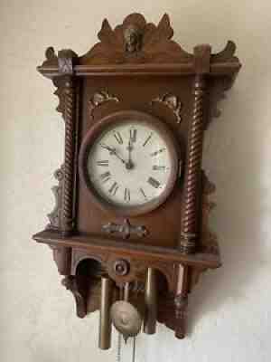 ANTIQUE USA WATREBURY CLOCK,Two WEIGHT DRIVEN,Oak CASE 1874