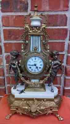 Antique Mental Clock French Bronze Clock Vintage Mechanical Clock Brass Table