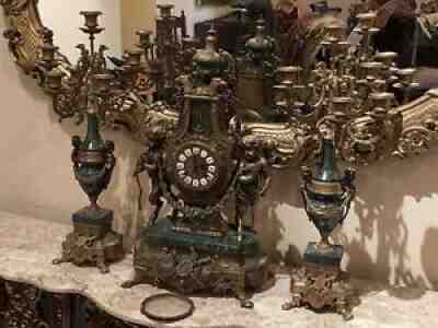 Antique Italian clock And Candelabras Bronze Brass and Marble