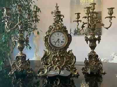 Lancini Brass Mantel Clock and Candelabra set. Made in Italy. Piece of Art!