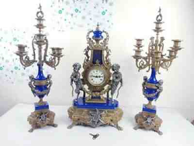 19TH CENT ITALIAN LANCINI GILT BRONZE MANTEL CLOCK SET