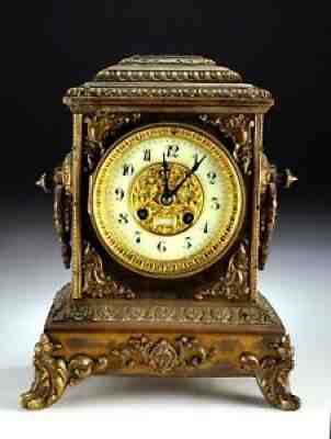 Antique French H&H Porcelain And Brass Mantle Clock