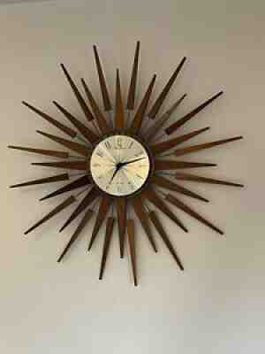 1960â??s Retro Teak Seth Thomas Sunburst Starburst Wall Clock Mid Century 66.5cm
