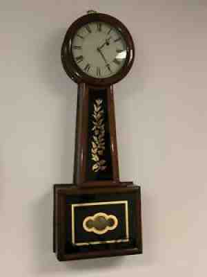 George Hatch Weight Driven Banjo Clock Rare Throat Gold Leaf Pattern c 1850
