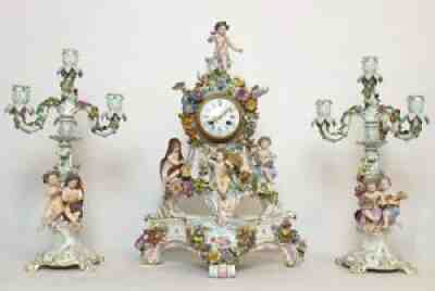19th Century Meissen Rococo Porcelain Pendulum Clock Set Four Seasons
