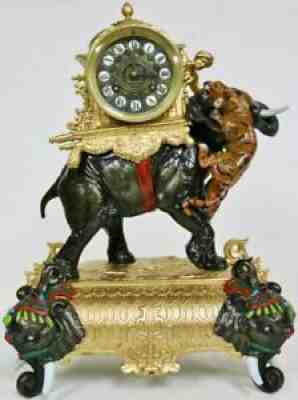 Antique 19thC French 8 Day Gilt Metal Elephant & Tiger Figural Mantle Clock