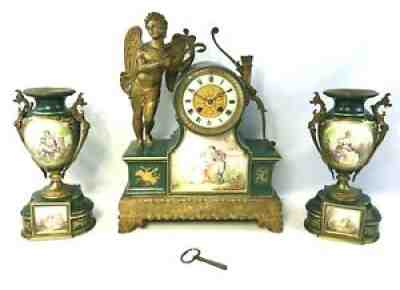 ca 1854 Antique French Japy Freres et Cie Mantel Clock & Garniture Urn Set RUNS