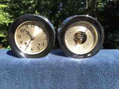 CHELSEA ANTIQUE SHIPS BELL CLOCK & BAROMETER SET~4 1/2 IN DIALS 1955 1960